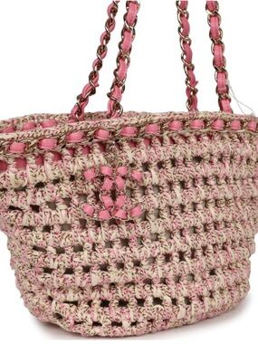 CHANEL 23p Pink & Cream Crochet Chain-Handle Tote